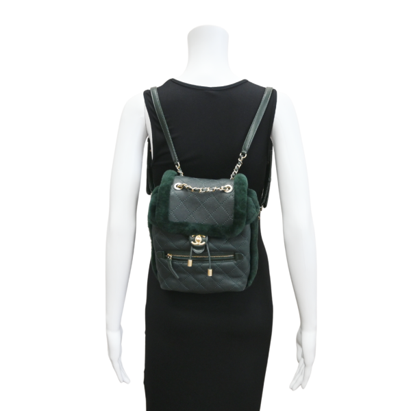 Dark Green Shearling Quilted CC Leather Backpack on Sale