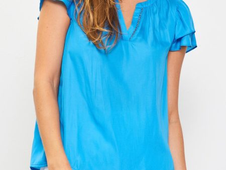 Neck Trim Detail Short Sleeve Top - Malibu Blue- FINAL SALE Sale