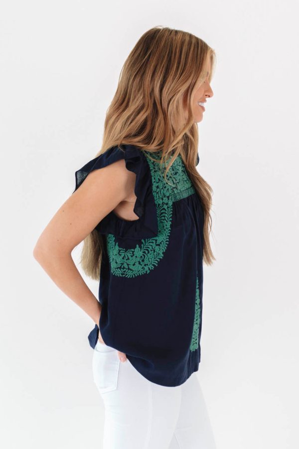 The Jewel Ruffle Neck Top - Navy For Discount