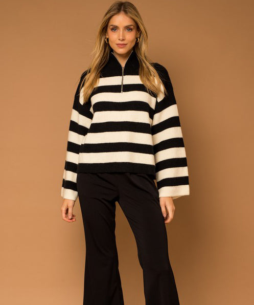 Half Zip Stripe Sweater - Black White Supply