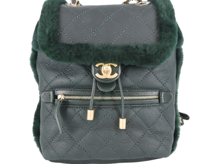 Dark Green Shearling Quilted CC Leather Backpack on Sale