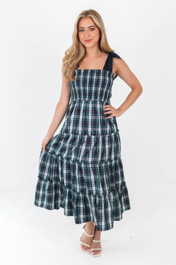 The Shelley Tie Strap Midi Dress - Navy Plaid For Sale