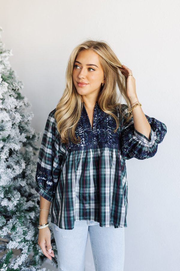 The Shelley Puff Sleeve Tunic - Navy Plaid Cheap