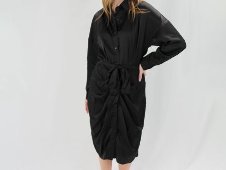 Satin Button Down Midi Dress - Black - FINAL SALE Fashion