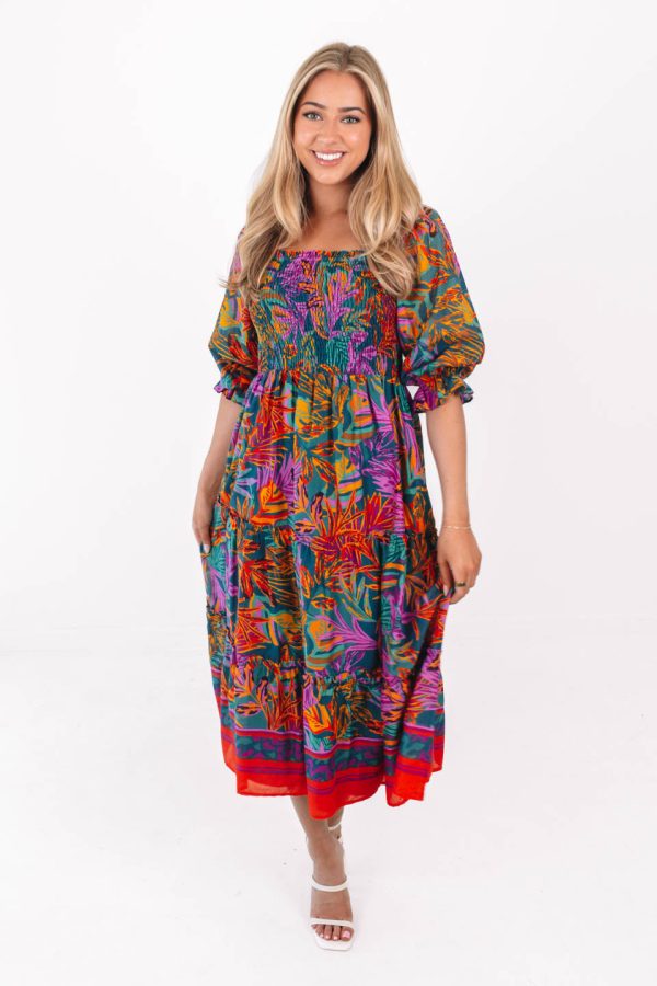 The Asher Square Ruched Midi Dress - Multi Fashion