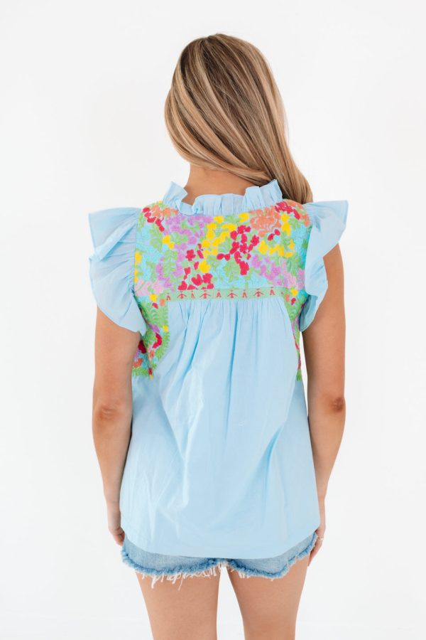 The Posie Ruffle Neck Top - Light Blue Hot on Sale