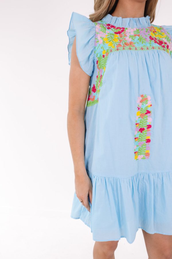 The Posie Ruffle Neck Dress - Light Blue Discount