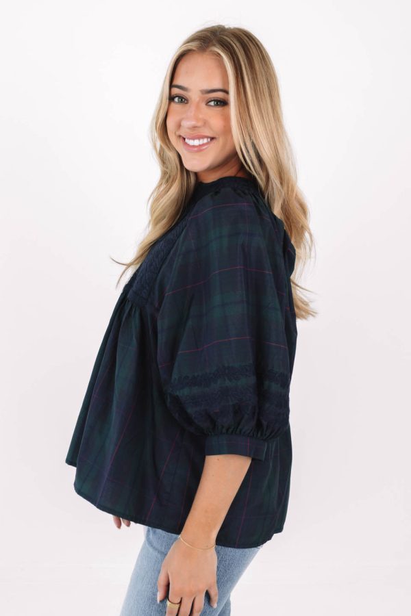 The Katrina Puff Sleeve Tunic - Green Plaid on Sale