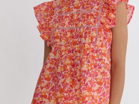 Printed Top with Ruffle Sleeves - Pink - FINAL SALE Fashion