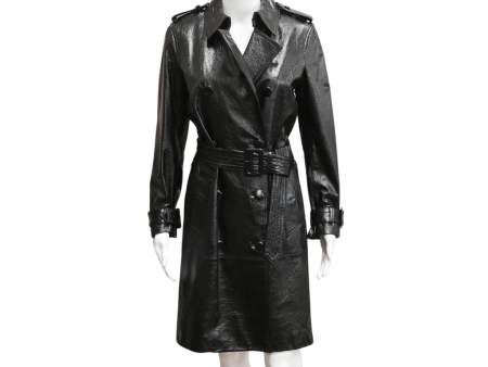 Black Crinkled Leather Trench Coat For Cheap