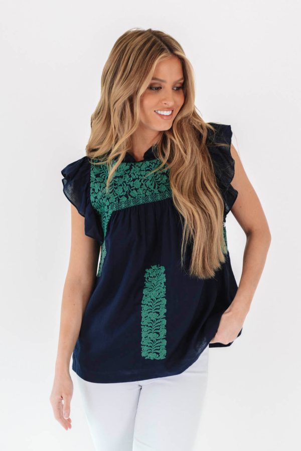 The Jewel Ruffle Neck Top - Navy For Discount