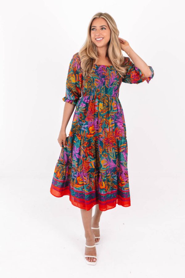 The Asher Square Ruched Midi Dress - Multi Fashion