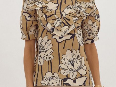 Floral Top with Ruffle Overlay - Taupe Cheap