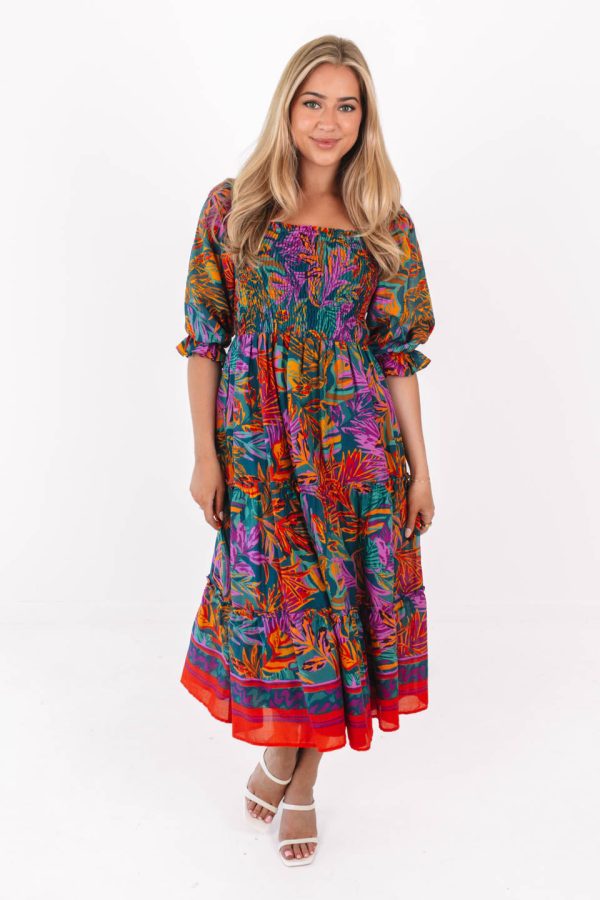 The Asher Square Ruched Midi Dress - Multi Fashion