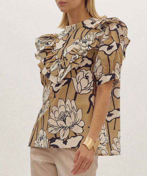 Floral Top with Ruffle Overlay - Taupe Cheap