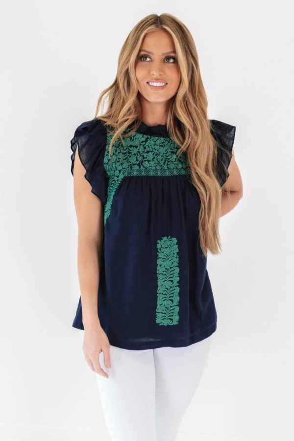 The Jewel Ruffle Neck Top - Navy For Discount