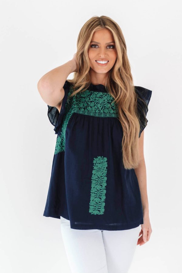 The Jewel Ruffle Neck Top - Navy For Discount