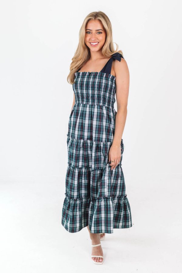 The Shelley Tie Strap Midi Dress - Navy Plaid For Sale