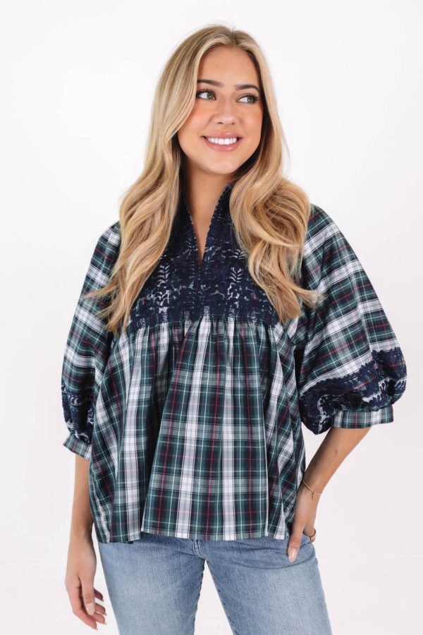 The Shelley Puff Sleeve Tunic - Navy Plaid Cheap