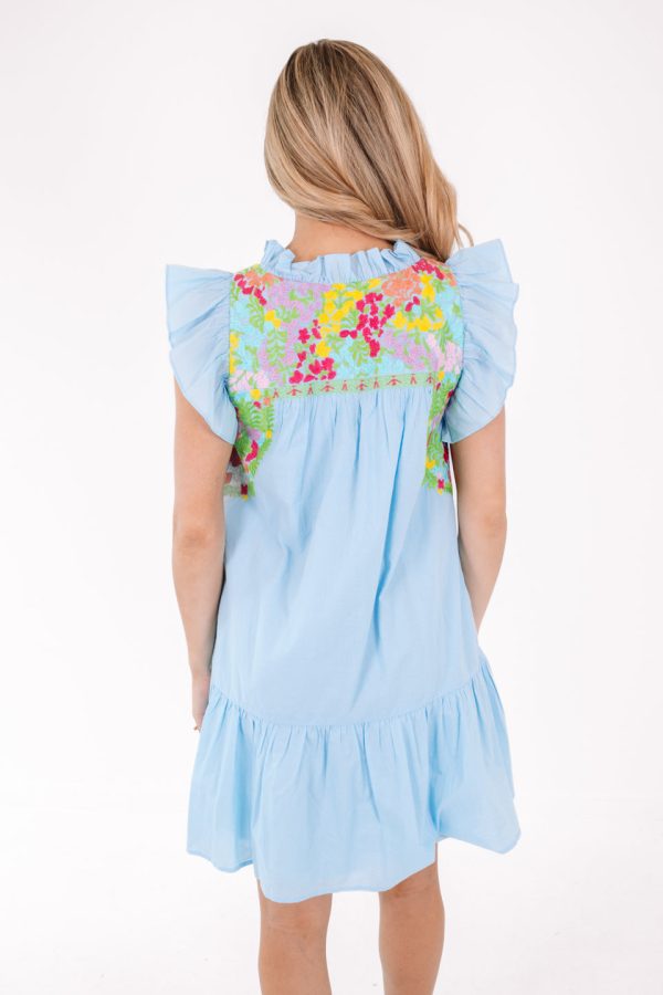 The Posie Ruffle Neck Dress - Light Blue Discount