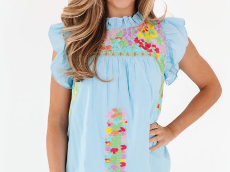 The Posie Ruffle Neck Top - Light Blue Hot on Sale