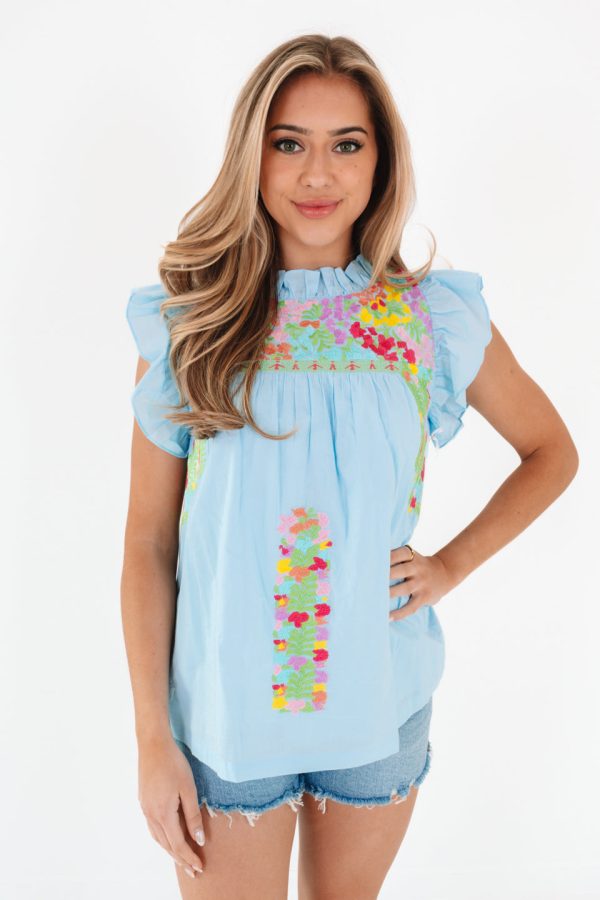 The Posie Ruffle Neck Top - Light Blue Hot on Sale