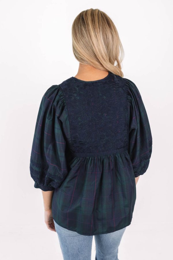 The Katrina Puff Sleeve Tunic - Green Plaid on Sale