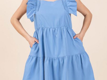 Square Neck Mini Dress with Ruffle Sleeves - Chambray- FINAL SALE For Discount