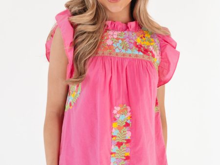 The Nellie Ruffle Neck Top - Pink Cheap