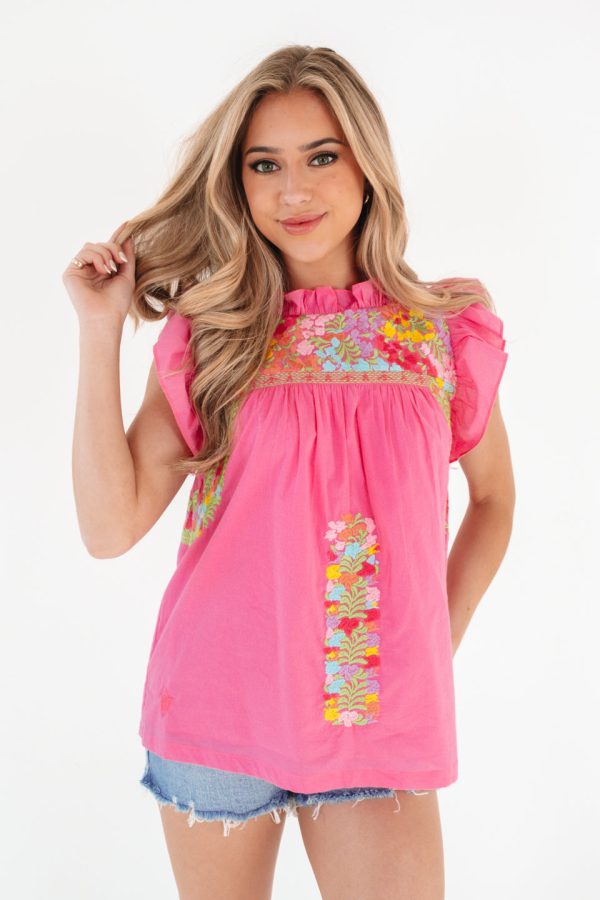 The Nellie Ruffle Neck Top - Pink Cheap