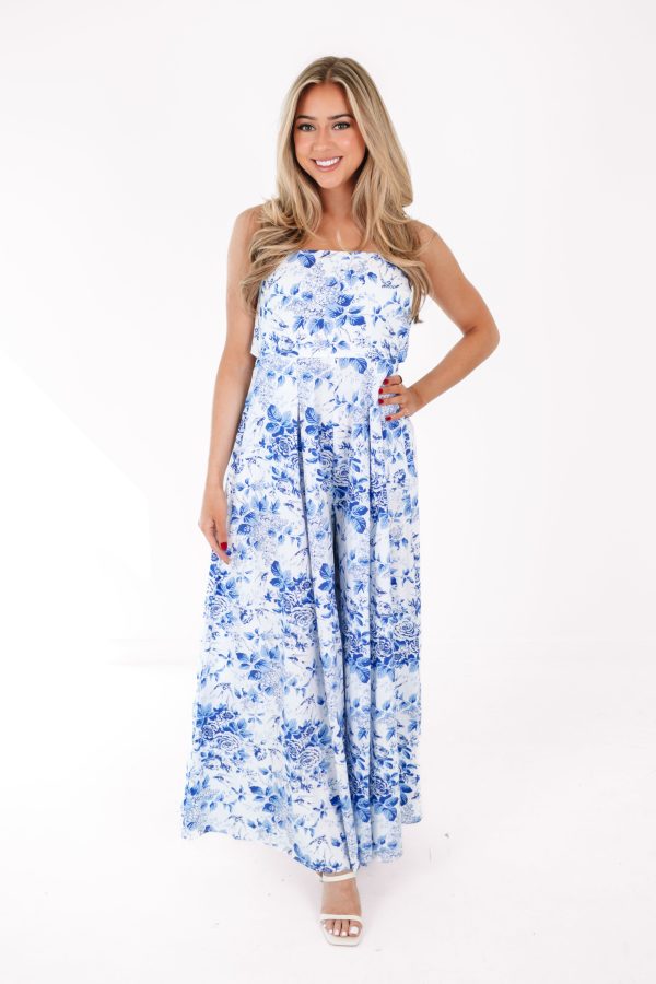 Meet Me In Malta Jumpsuit - White Blue Supply