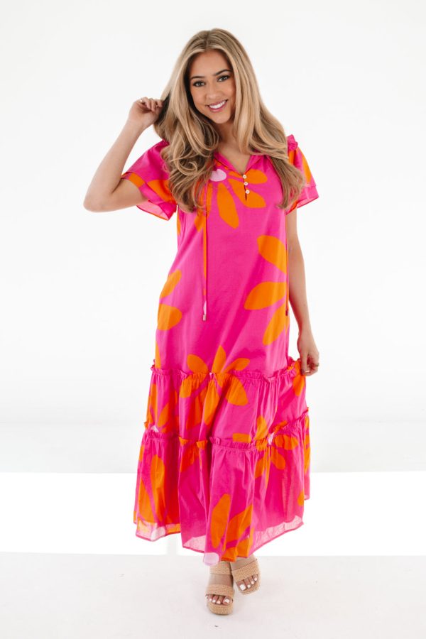 The Maui Ruffle Sleeve Midi Dress - Pink Hot on Sale