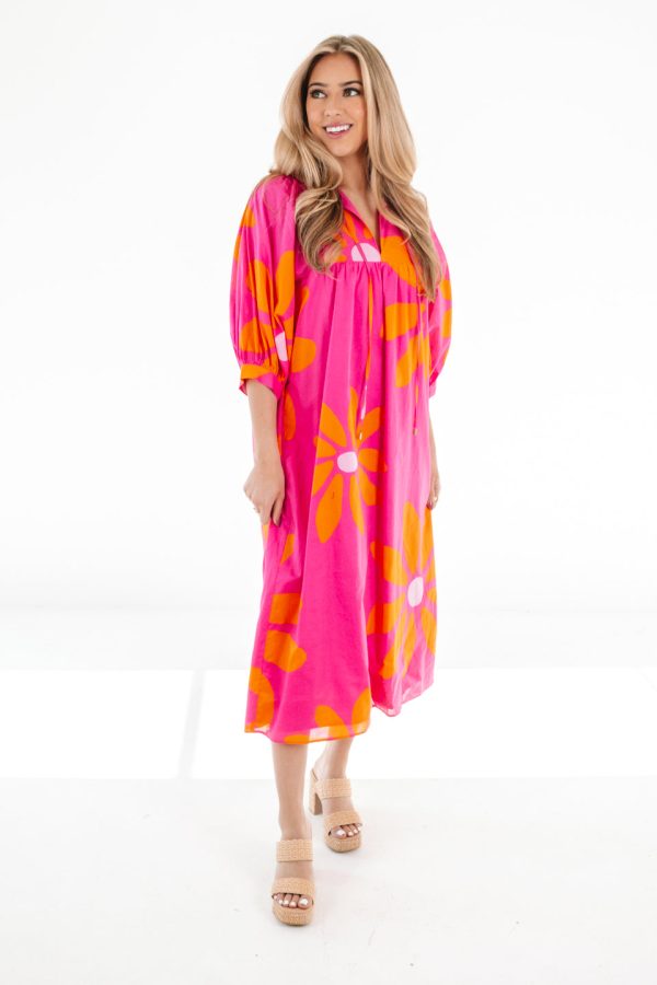 The Maui Puff Sleeve Midi Dress - Pink Sale