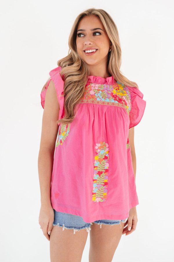 The Nellie Ruffle Neck Top - Pink Cheap