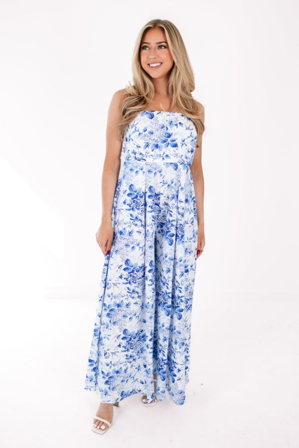 Meet Me In Malta Jumpsuit - White Blue Supply